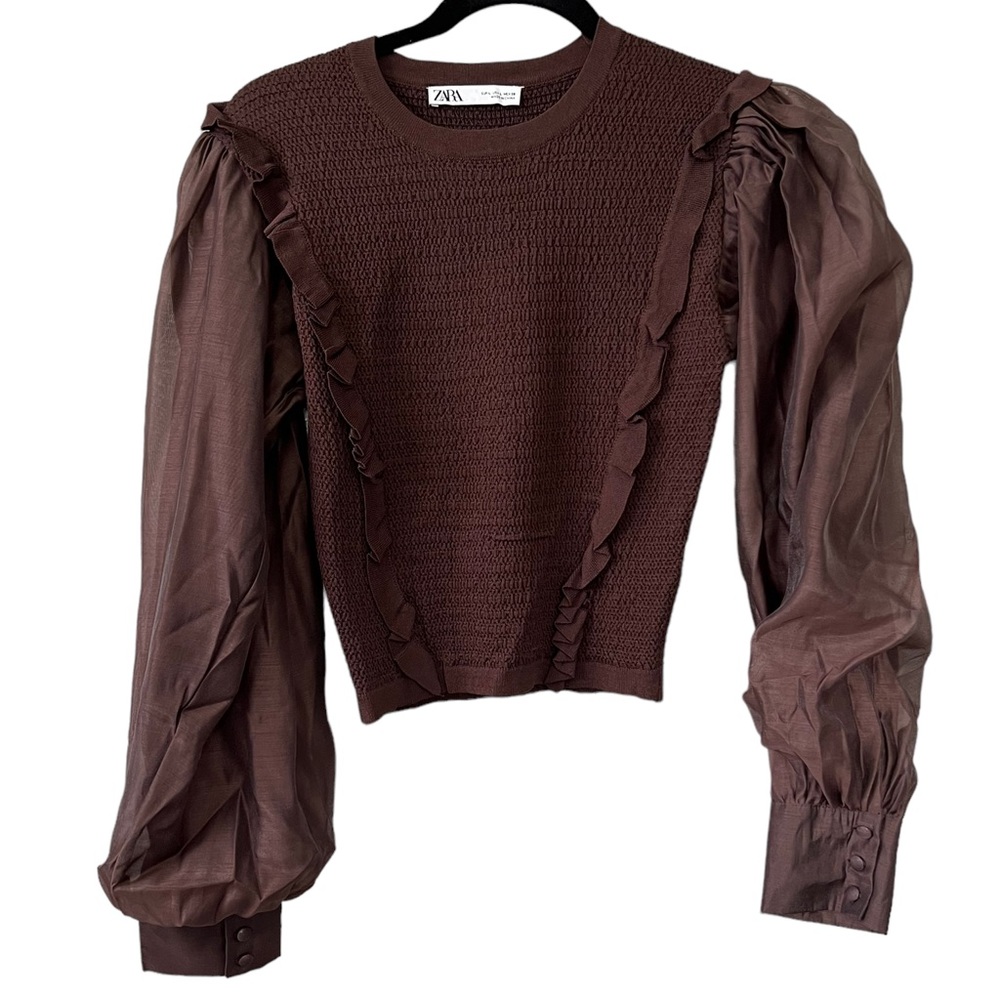 Zara Brown Puff Sleeve Ruffled Knit Blouse